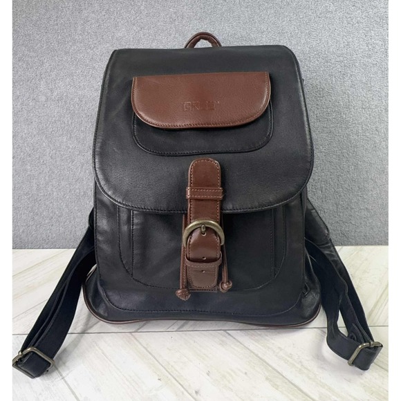 BREE Germany Leather Backpack Purse Black Brown Two Tone Drawstring Flap Bag VTG main image 8